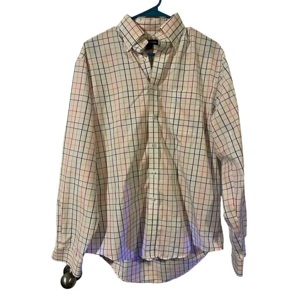 Lands End Mens Multicolor Tattersall Plaid Classic Button Down Shirt Size 34-35